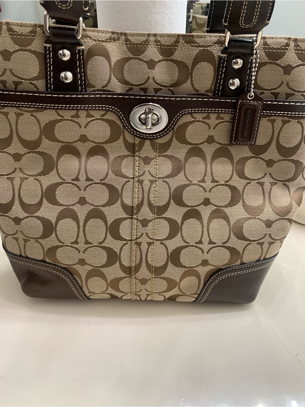 Coach Khaki and Chocolate Signature Canvas Tote